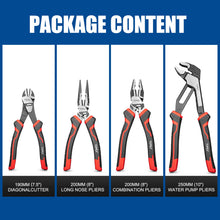 Load image into Gallery viewer, TOPEX 4 Piece Pliers Set (190 mm Diagonal Cutters, 200 mm Combination Pliers, 200 mm Long Nose Pliers, 250 mm Water Pump Pliers) for Demanding Tasks &amp; Home Use
