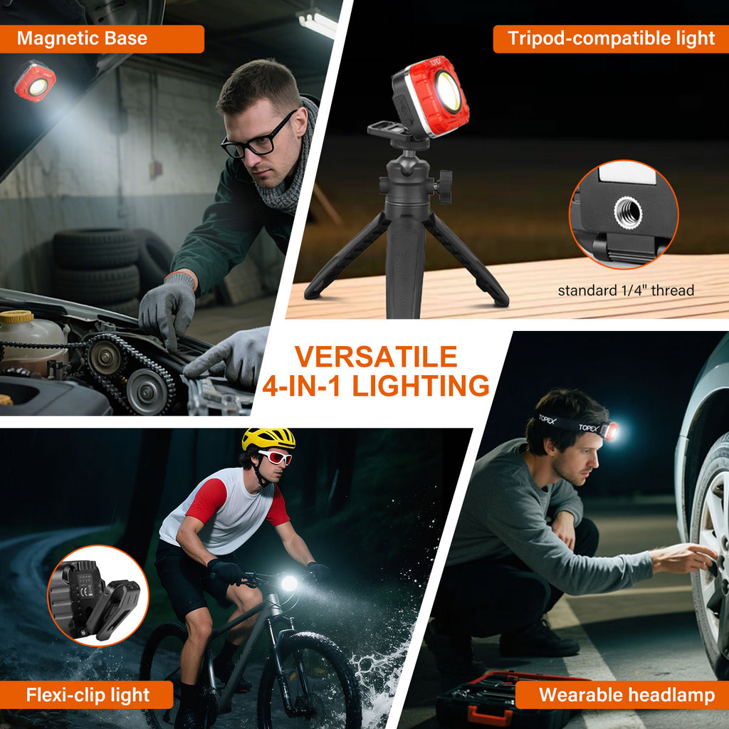 TOPEX 2 Pack 1000 Lumens Magnetic Base Rechargeable Work Light with 7 Light Modes & 10 Hours Runtime, IP64 Waterproof & Headlight, Detachable Head Lamp