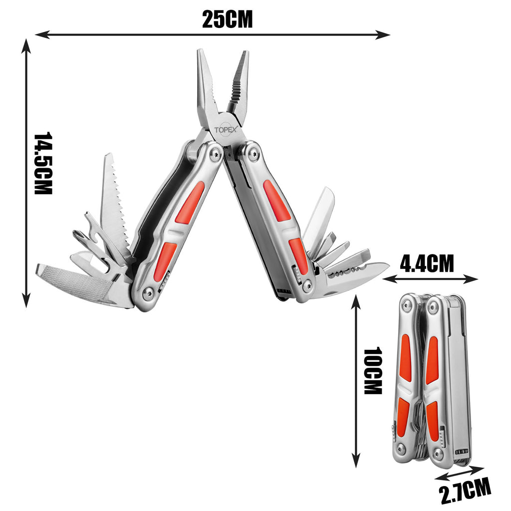 TOPEX 16-In-1 Multitool Plier, Multi Tool Pliers, Stainless Steel Plier with Safety Locking, Cutters, Knife, Screwdrivers, Wood Saw, Can Bottle Opener