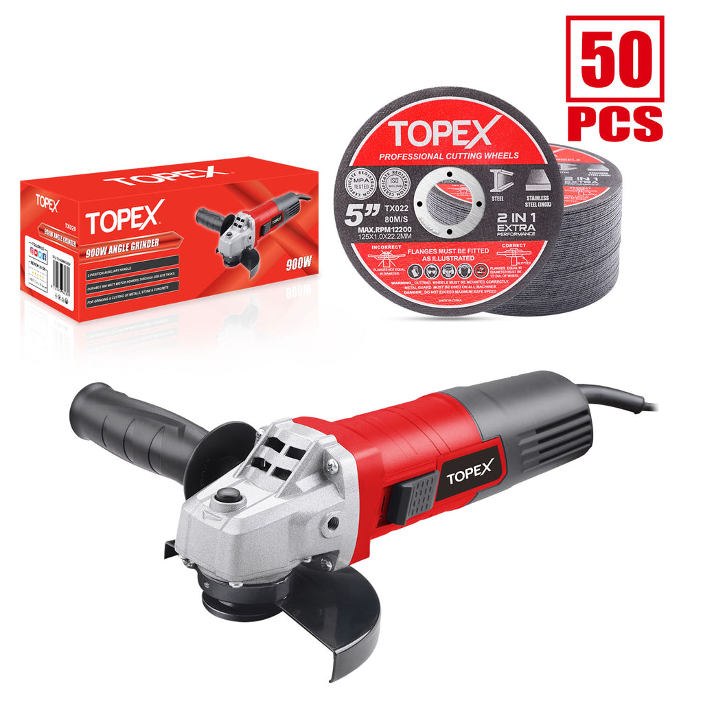 TOPEX Heavy Duty 900W 125mm 5" Angle Grinder w/ 50PCs 5" Cutting Discs