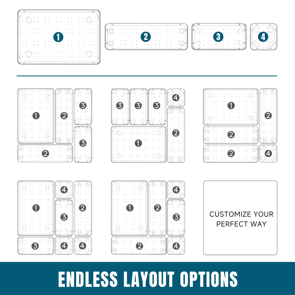 Stelive 25 PCS Clear Plastic Drawer Organisers Set, 4-Size Versatile Bathroom and Vanity Organiser Trays, Non-Slip Storage Containers & Bins