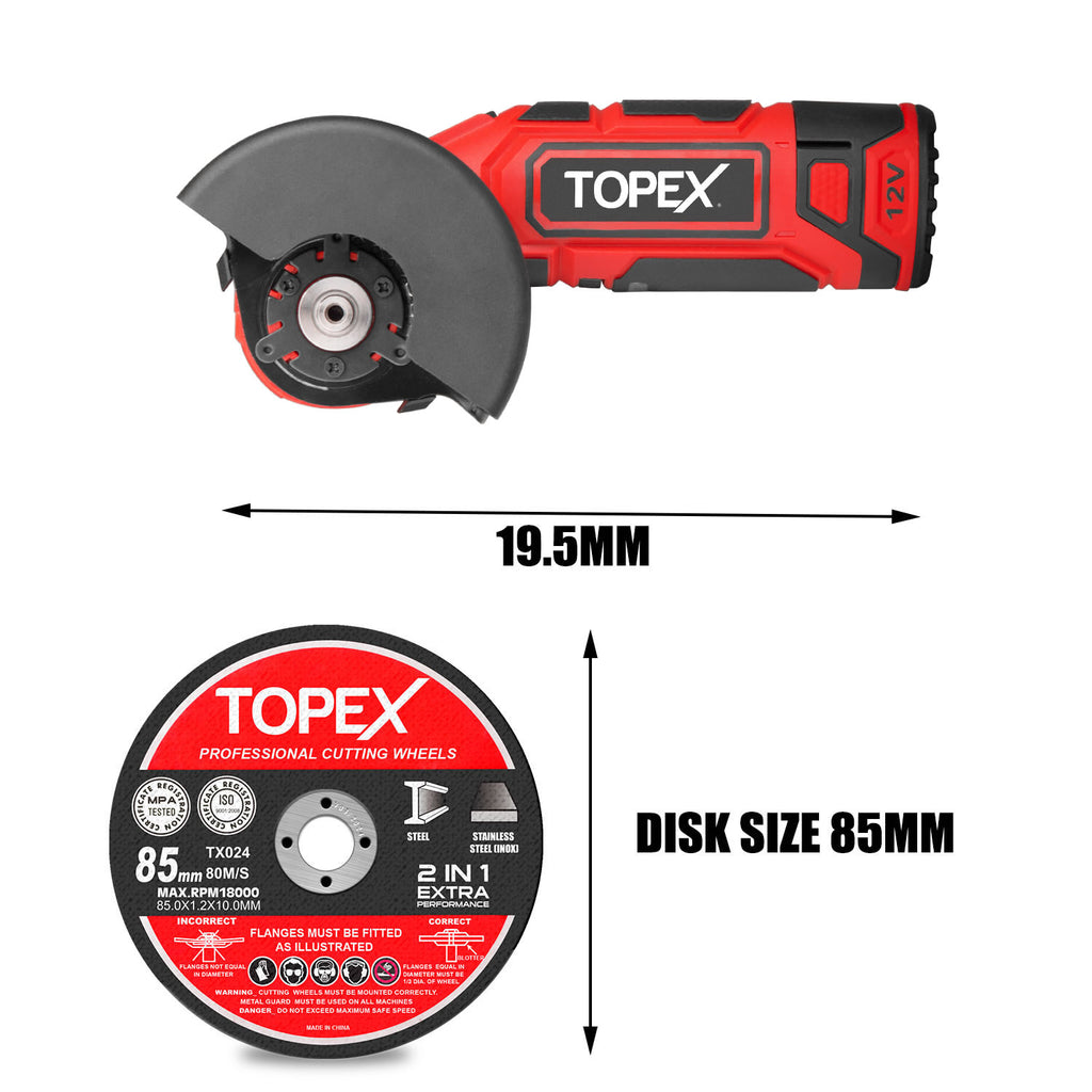 TOPEX 12V Cordless Angle Grinder 1 Wrench for Metal and Wood w/12V 2.0Ah Lithium-Ion Battery&14.4V /0.4A charger