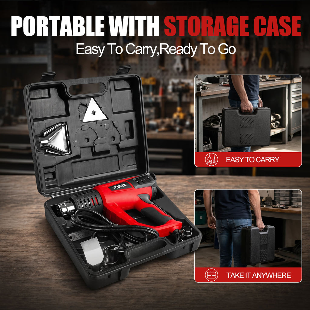 TOPEX Heat Gun Hot Air Heating Tool Kit Dual Speed w/ 5 Accessories Storage Case