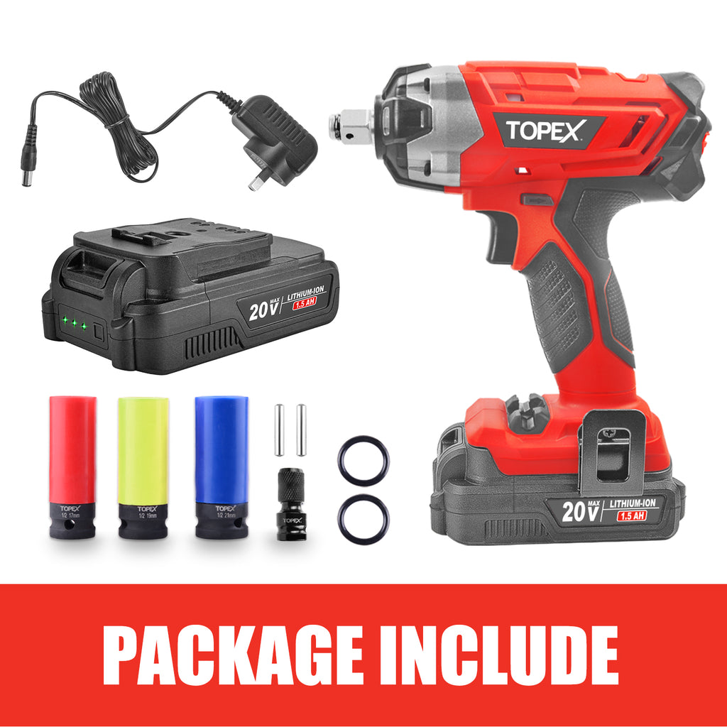 TOPEX 2 in 1 20V Cordless Impact Wrench Driver 1/2" w/ Sockets Battery & Charger(Two Batteries)