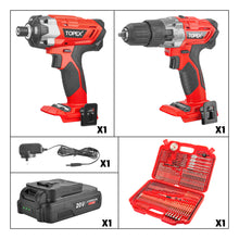 Load image into Gallery viewer, TOPEX 20V Cordless Hammer Drill Impact Driver Power Tool Combo Kit w/ Drill Bits