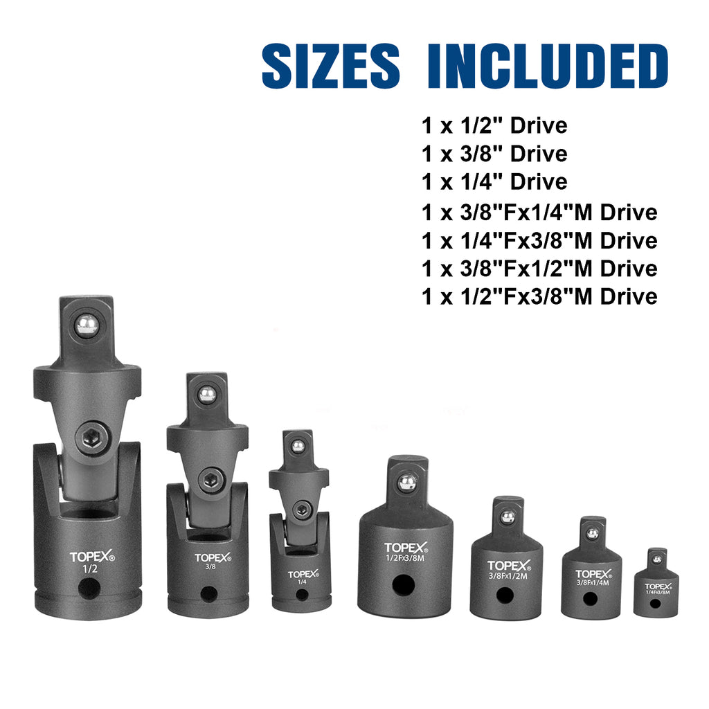 TOPEX 7-piece socket adaptor set 1/4" 3/8" and 1/2" universal joint socket adaptor