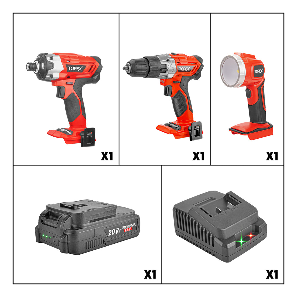 TOPEX 20 V Cordless Kit: Hammer Drill, Impact Driver, LED Light w/ Fast Charger
