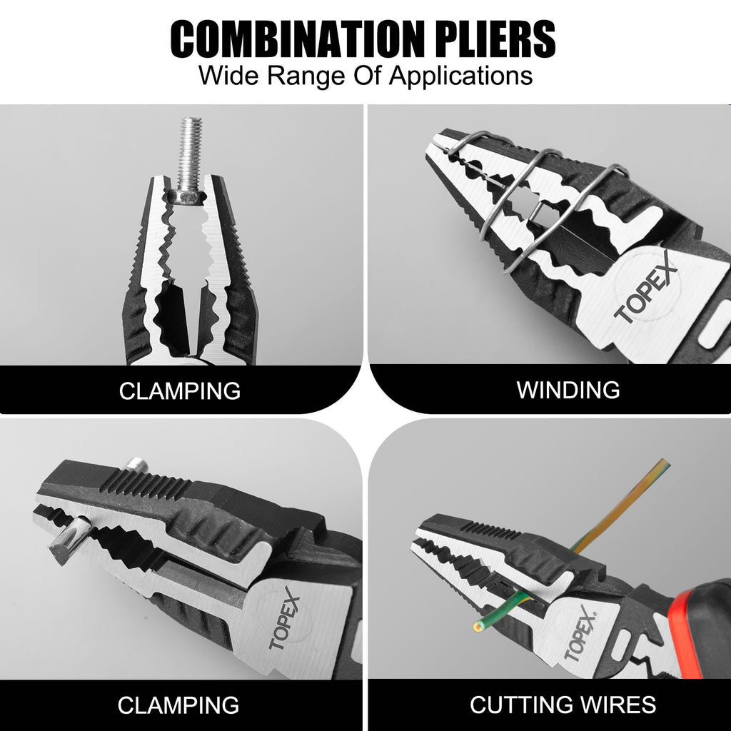 TOPEX 4 Piece Pliers Set (190 mm Diagonal Cutters, 200 mm Combination Pliers, 200 mm Long Nose Pliers, 250 mm Water Pump Pliers) for Demanding Tasks & Home Use