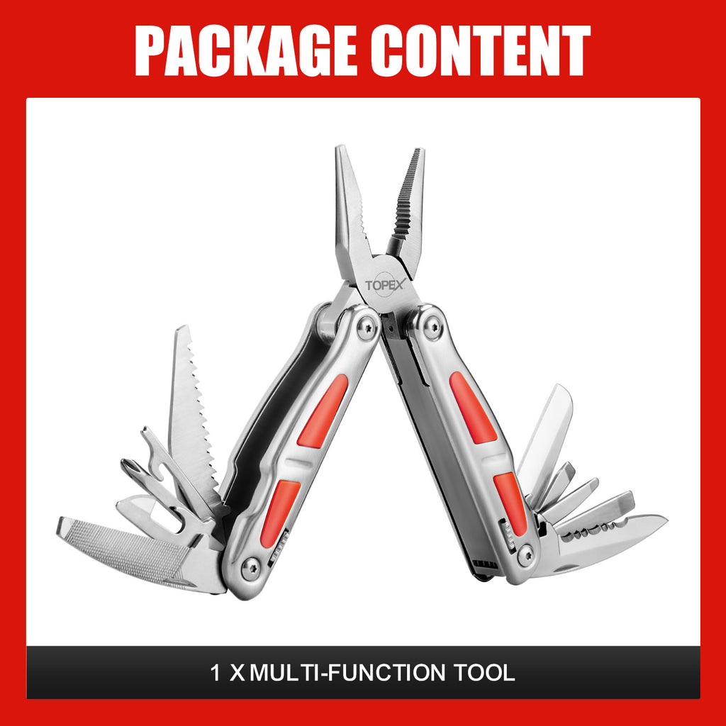 TOPEX 16-In-1 Multitool Plier, Multi Tool Pliers, Stainless Steel Plier with Safety Locking, Cutters, Knife, Screwdrivers, Wood Saw, Can Bottle Opener