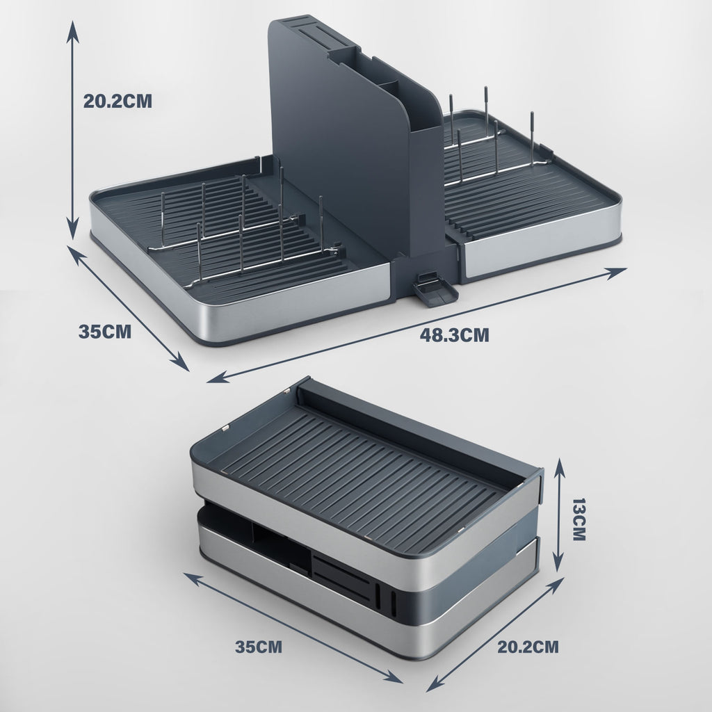Stelive Foldable Dish Drying Rack with Dual Parts for Kitchen Counter Space-Saving Rack - Rustproof Removable Utensil Drainer & Drainage Spout, Gray