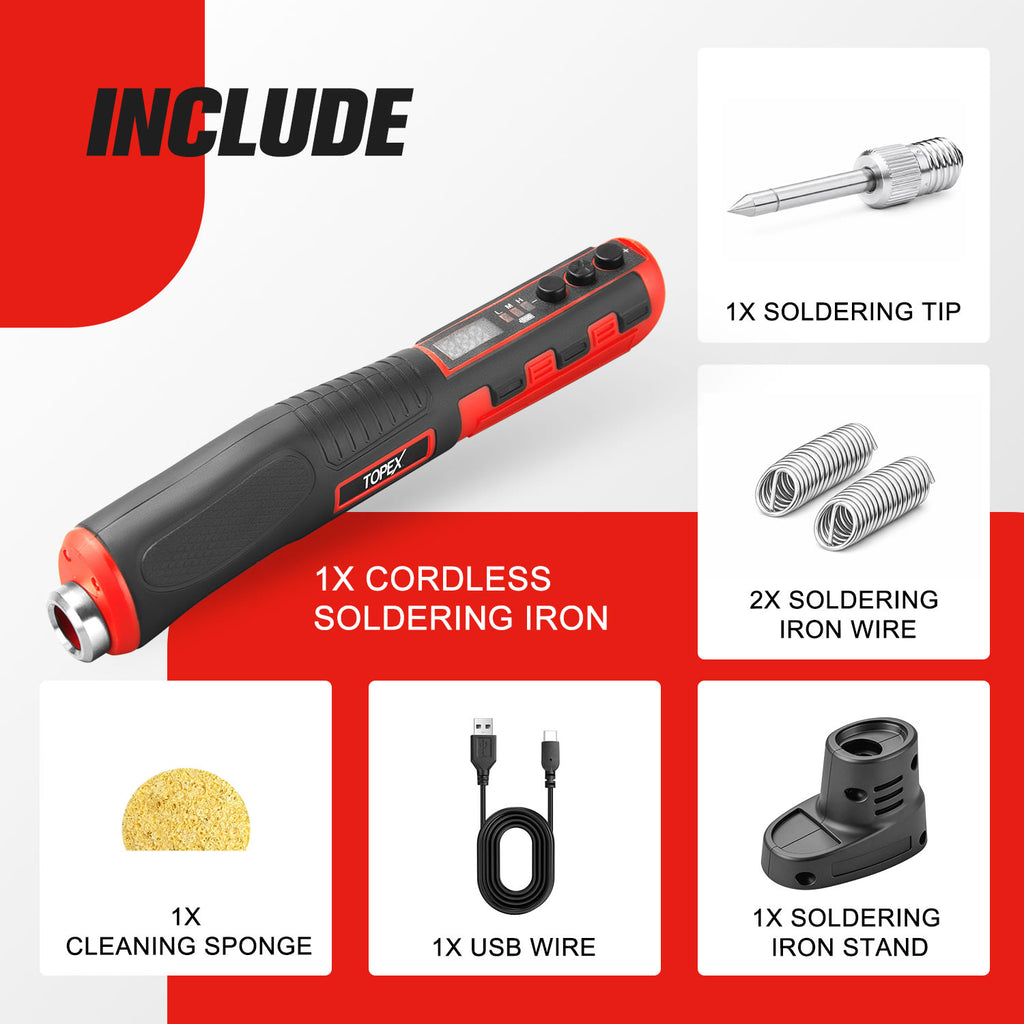 TOPEX 4V Max Cordless Soldering Iron, Cordless Soldering Iron Kit, 12 Second Quick Heat Up, with Rechargeable Lithium-Ion Battery, for Electronics
