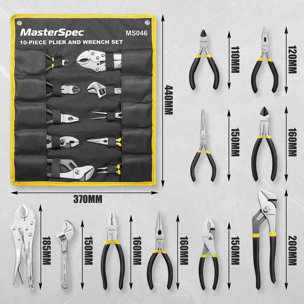 MasterSpec 10Pcs Hand Tool Set Pliers Set Long Nose/Slip Joint/Diagonal/Combination/Jaw Locking/Water Pump Pliers/Adjustable Spanner