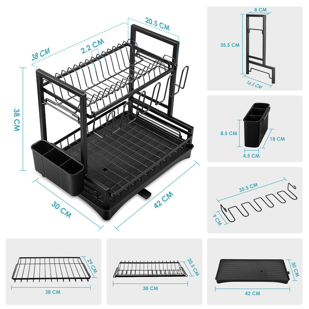 Stelive 2-Tier Dish Drying Rack Dish Drainer Cutlery Holder Dish Drainer Rack Multifunctional Storage Rack w/ Drainboard for Kitchen (Black)