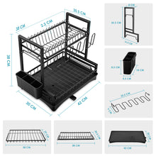 Load image into Gallery viewer, Stelive 2-Tier Dish Drying Rack Dish Drainer Cutlery Holder Dish Drainer Rack Multifunctional Storage Rack w/ Drainboard for Kitchen (Black)