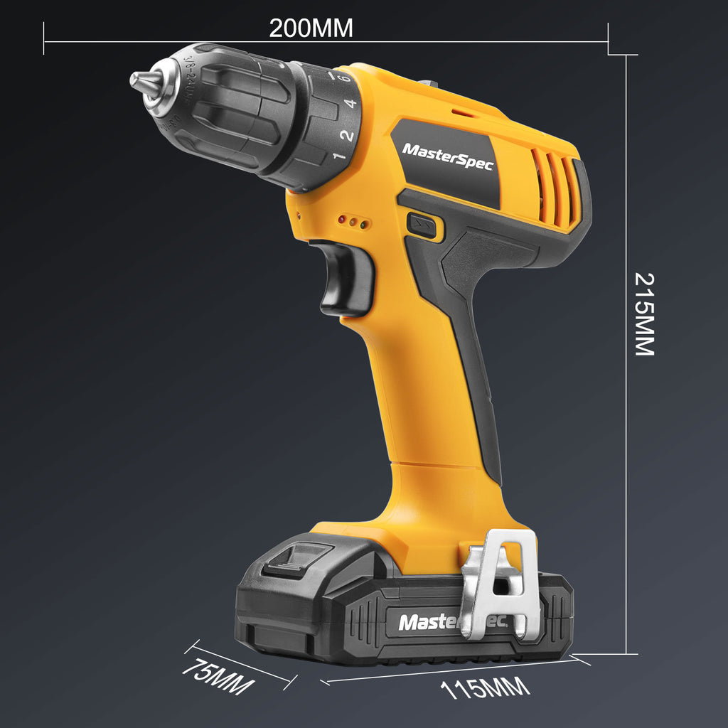 MasterSpec 20V Max Cordless Drill 30N.m 18+1+1 Torque Electric Power Drill Kit w/Li-Ion Battery Pack& Screwdriver Bit Set LED Light