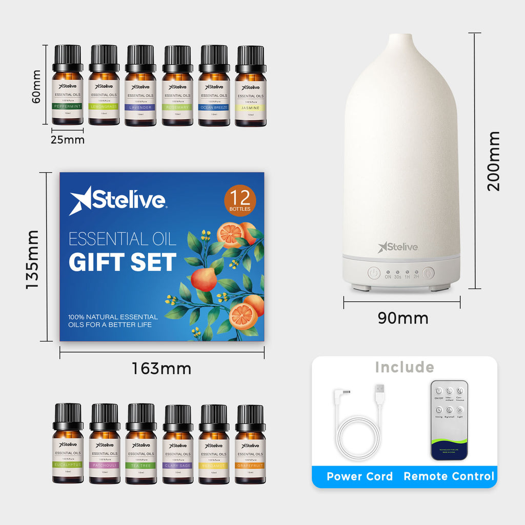 Stelive Oil Diffuser and Essential Oils Set, 200ml Ultrasonic Aromatherapy Oil Diffuser and 12Pcs Pure Essential Oil Gift Set, Auto Shut-Off for Home