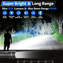 Load image into Gallery viewer, TOPEX 2 Pack LED Torch Rechargeable, 800 Lumens, 600M Super Bright Adjustable Focus Flashlight, 9 Lighting Modes, Waterproof Torch for Camping, Outdoor
