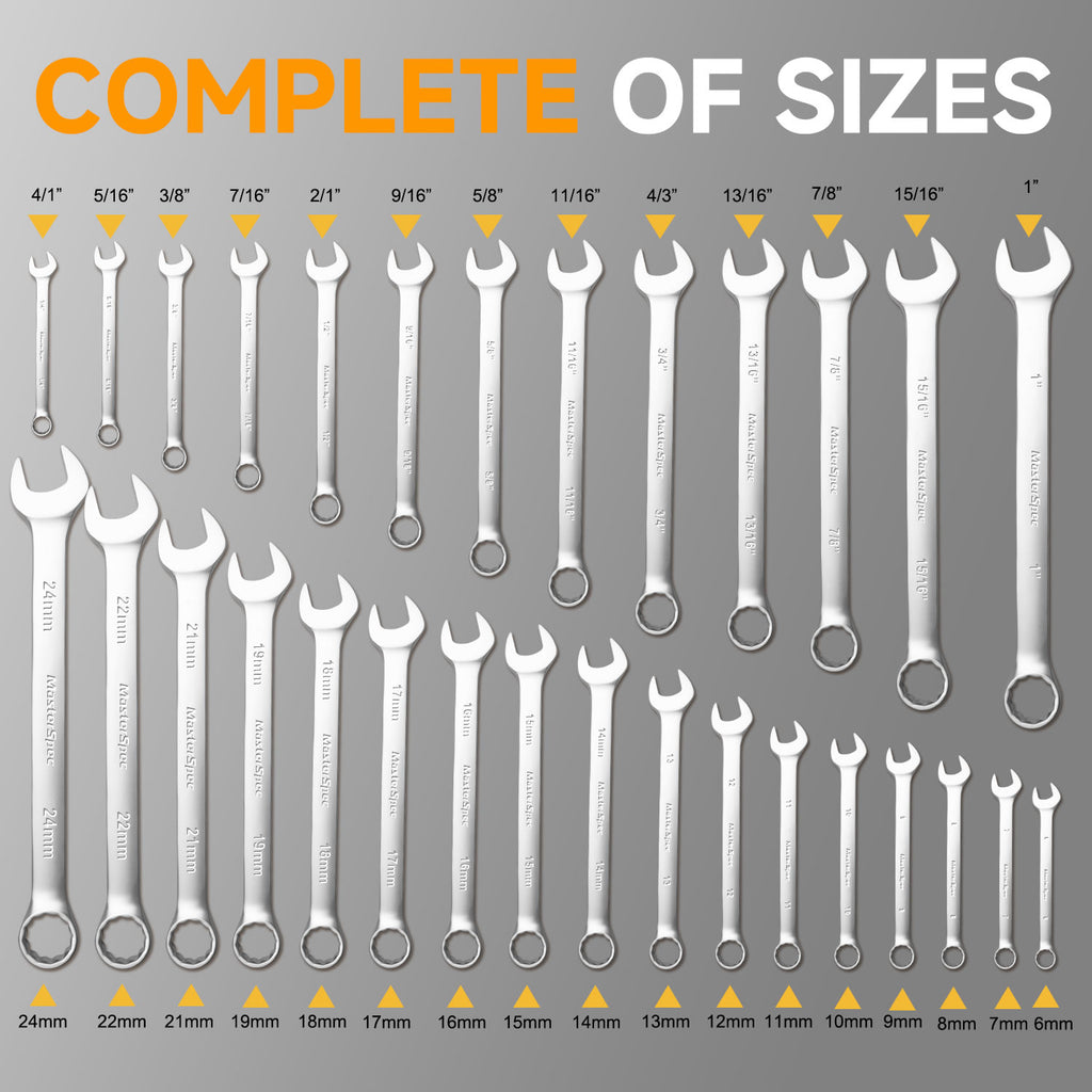 MasterSpec 30pcs Combination Spanner Set | SAE 1/4" to 1", Metric 6mm to 24mm, 15° Offset Box End & 12-Point Design for Automotive Repair Furniture Assembly