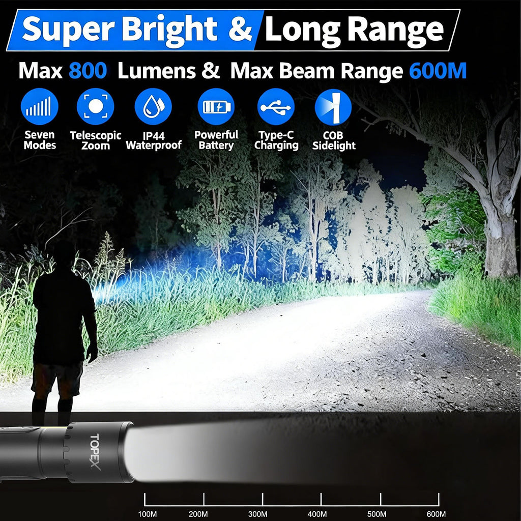 TOPEX LED Torch Rechargeable, 800 Lumens, 600M Super Bright Adjustable Focus Flashlight, 9 Lighting Modes, Waterproof Torch for Camping, Outdoor
