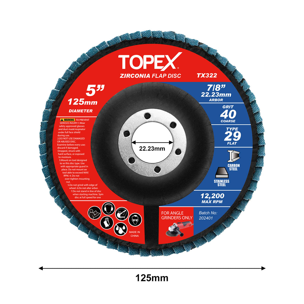 TOPEX 125mm Zirconia Flap Disc, 40/60/80/120 Grit, 10Pack