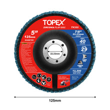 Load image into Gallery viewer, TOPEX 125mm Zirconia Flap Disc, 40/60/80/120 Grit, 10Pack