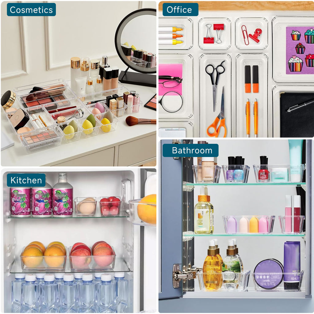 Stelive 25 PCS Clear Plastic Drawer Organisers Set, 4-Size Versatile Bathroom and Vanity Organiser Trays, Non-Slip Storage Containers & Bins