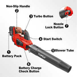TOPEX 20V MAX Cordless Leaf Blower with 2-Speed Selection, 16,000 RPM, 144km/h Multipurpose Lightweight Leaf Blower Blow with Detachable Nozzle