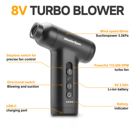 MasterSpec 8V Max Turbo Blower with 110000RPM Max Speed, 3.6kPa Suction, Rechargeable Portable Cleaner for Car, Keyboard & Home