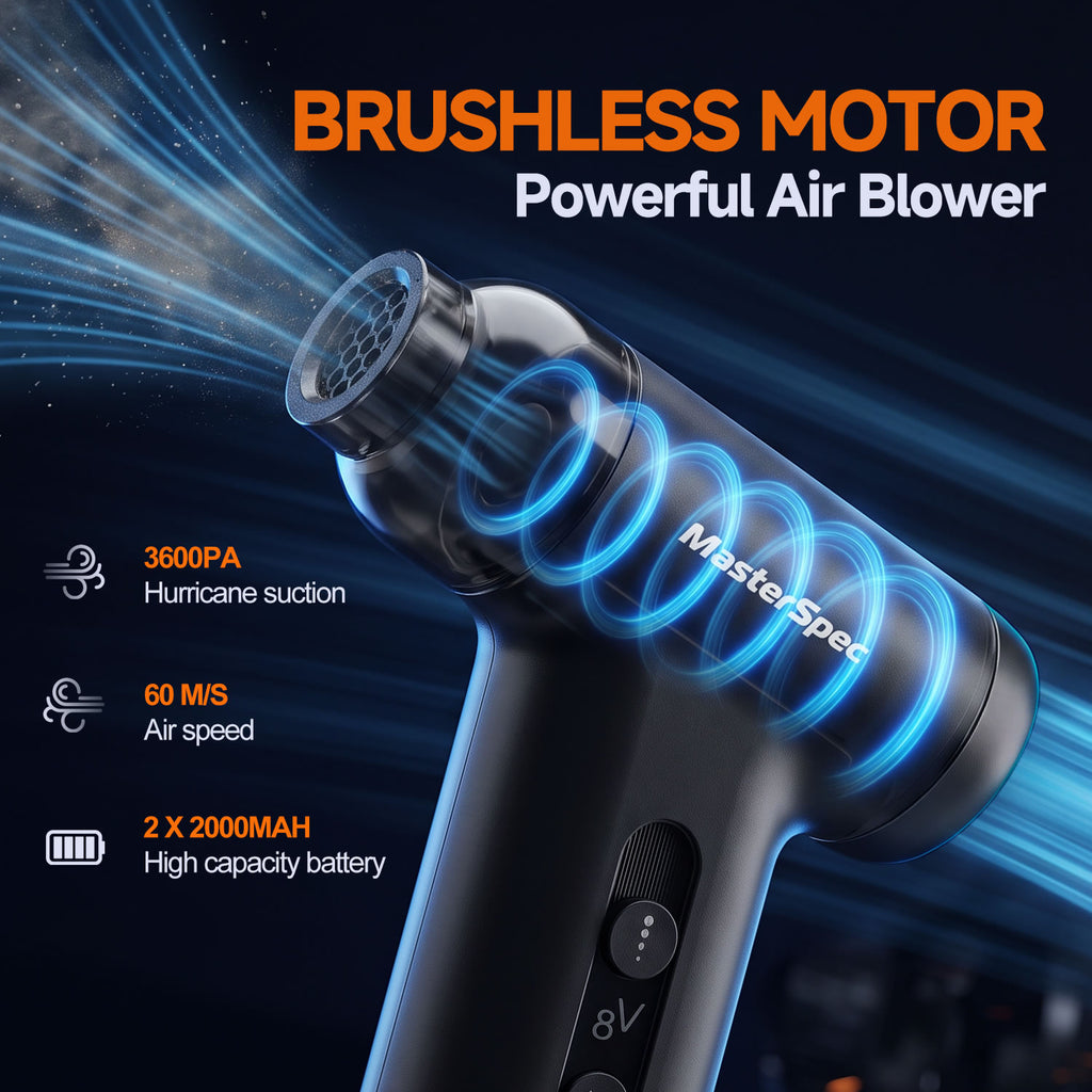 MasterSpec 8V Max Turbo Blower with 110000RPM Max Speed, 3.6kPa Suction, Rechargeable Portable Cleaner for Car, Keyboard & Home