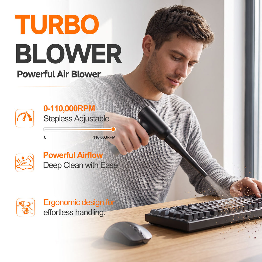 MasterSpec 8V Max Turbo Blower with 110000RPM Max Speed, 3.6kPa Suction, Rechargeable Portable Cleaner for Car, Keyboard & Home