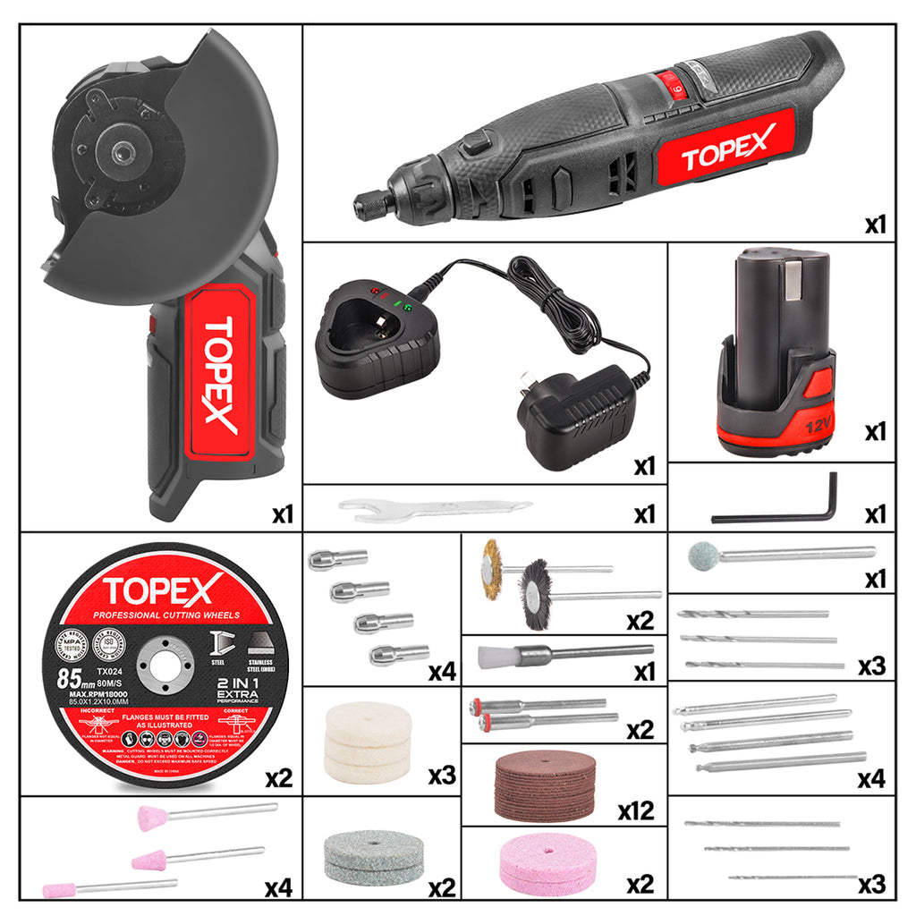 TOPEX 12V Cordless Angle Grinder 1 Wrench for Metal and Wood w/12V 2.0Ah Lithium-Ion Battery&14.4V /0.4A charger/50PCS 85mm Cutting Wheels Discs