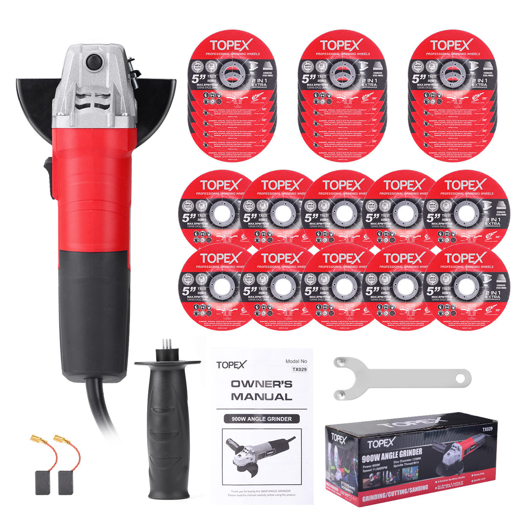 TOPEX Heavy Duty 900W 125mm 5'' Angle Grinder w/ 25PCs 5" Grinding Wheels