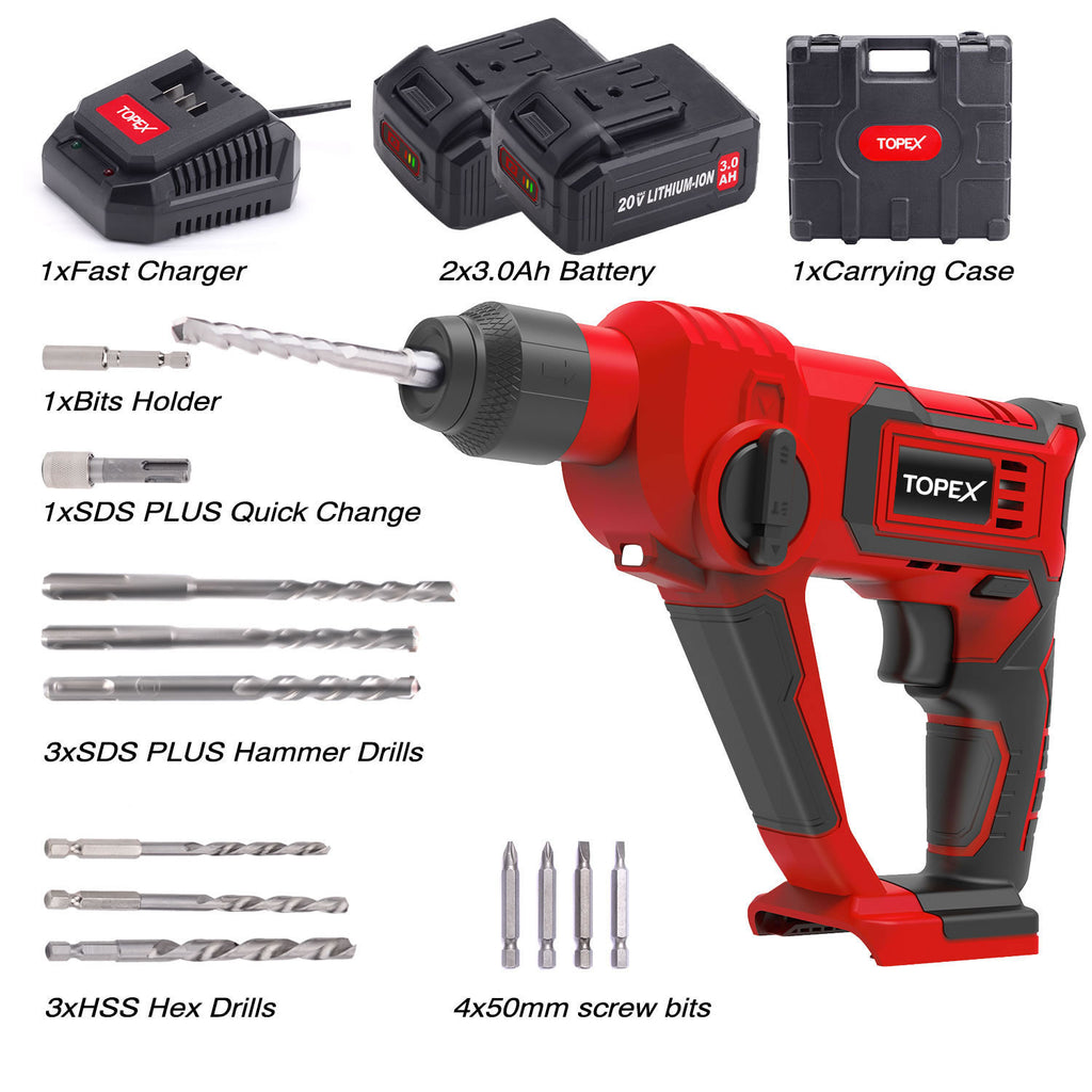 TOPEX 20V Max Lithium Cordless Rotary Hammer Drill Kit w/Battery Charger Bits