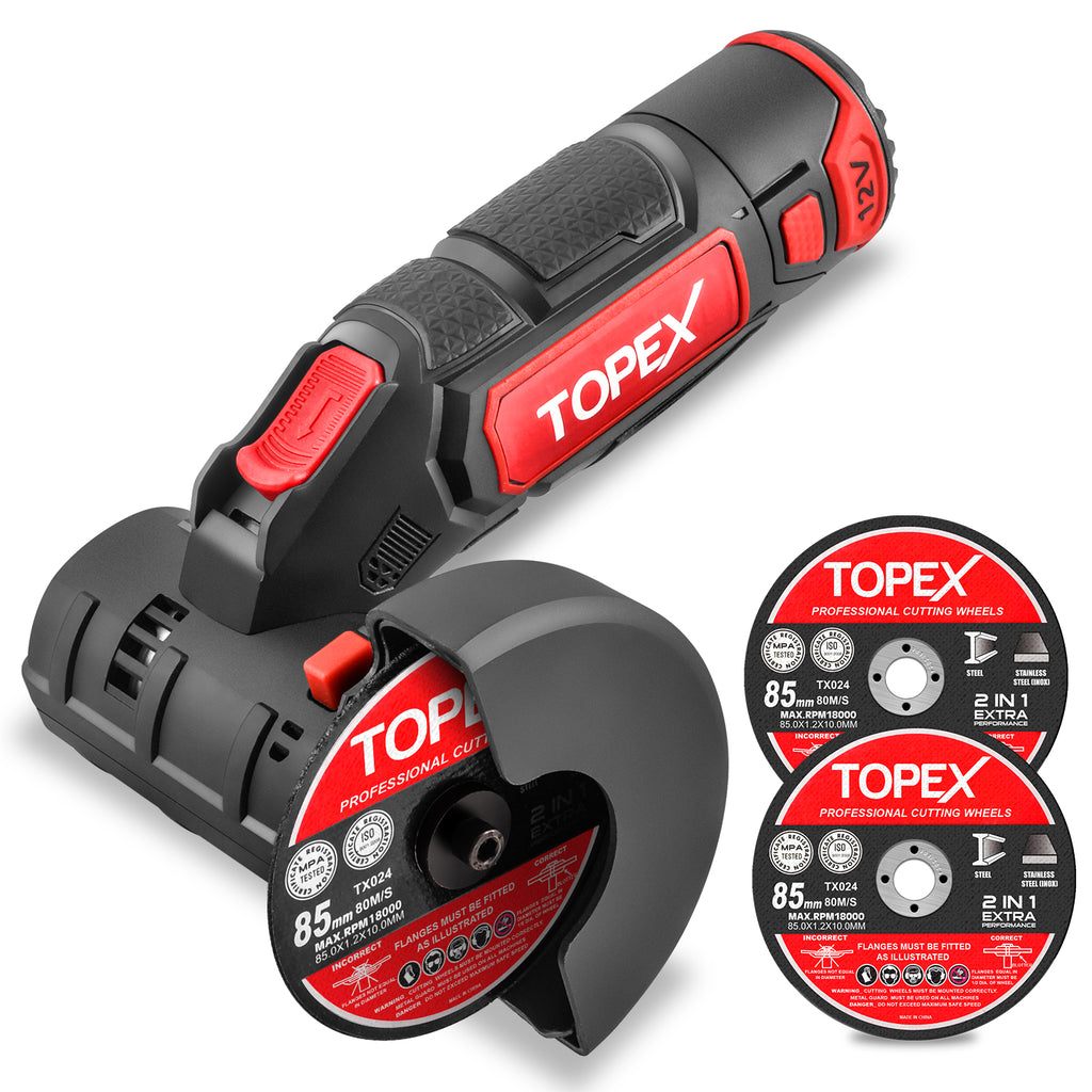 TOPEX 12V Cordless Angle Grinder 1 Wrench for Metal and Wood w/12V 2.0Ah Lithium-Ion Battery&14.4V /0.4A charger
