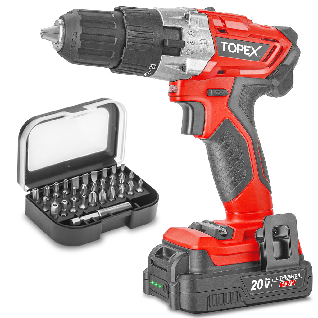 TOPEX 20V Max Cordless Hammer Drill w/ Li-Ion Battery & Screwdriver Bit Set