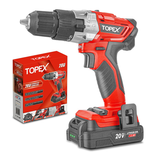 TOPEX 20V Lithium-Ion Cordless Drill Driver Impact Hammer drill w/ Bat ...