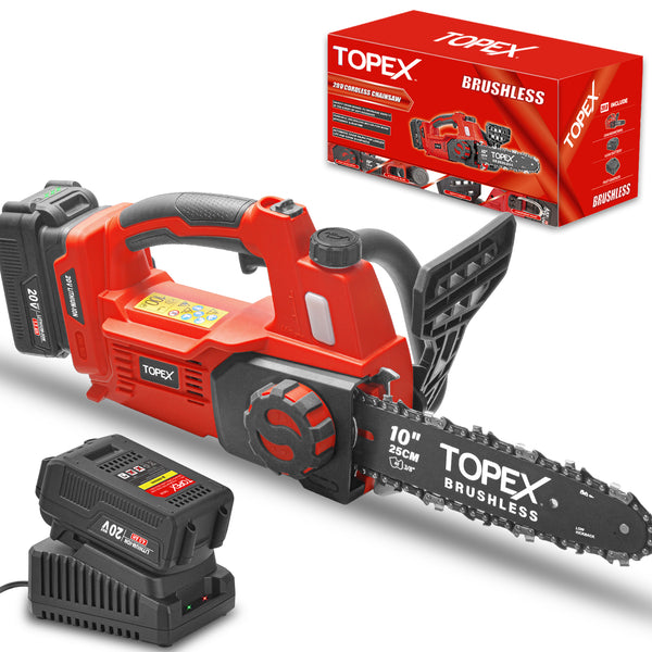 TOPEX Cordless Brushless Chainsaw Electric Saw w/ 20V 4.0Ah Battery Fast Charger