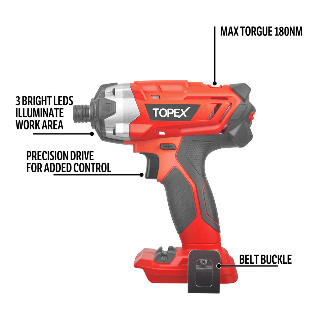 TOPEX Cordless Impact Driver 1/4" Hex Drive Skin Only Battery & Charger Not Included