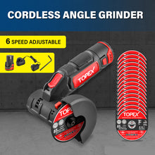 Load image into Gallery viewer, TOPEX 12V Cordless Angle Grinder 1 Wrench for Metal and Wood w/12V 2.0Ah Lithium-Ion Battery&amp;14.4V /0.4A charger/50PCS 85mm Cutting Wheels Discs