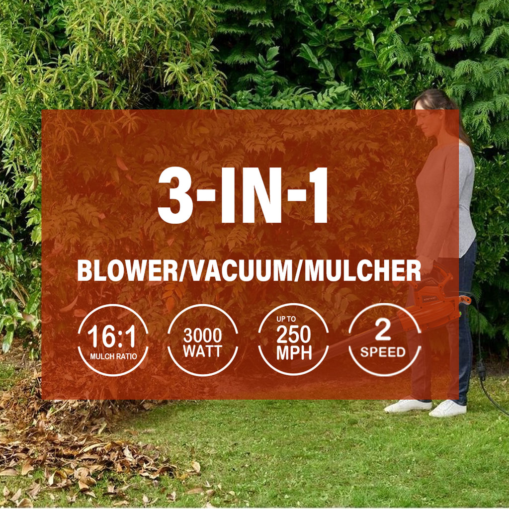 KOZYARD 3-in-1 Electric Leaf Blower Vacuum Mulcher 3000W Hand-Held Leaf Vac Garden Gauge
