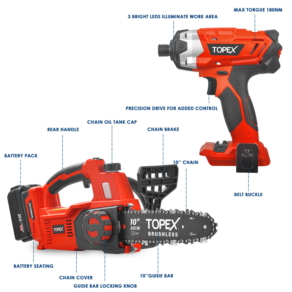 TOPEX 20V Cordless Chainsaw Impact Driver Power Tool Combo Kit w/ 4.0Ah Battery