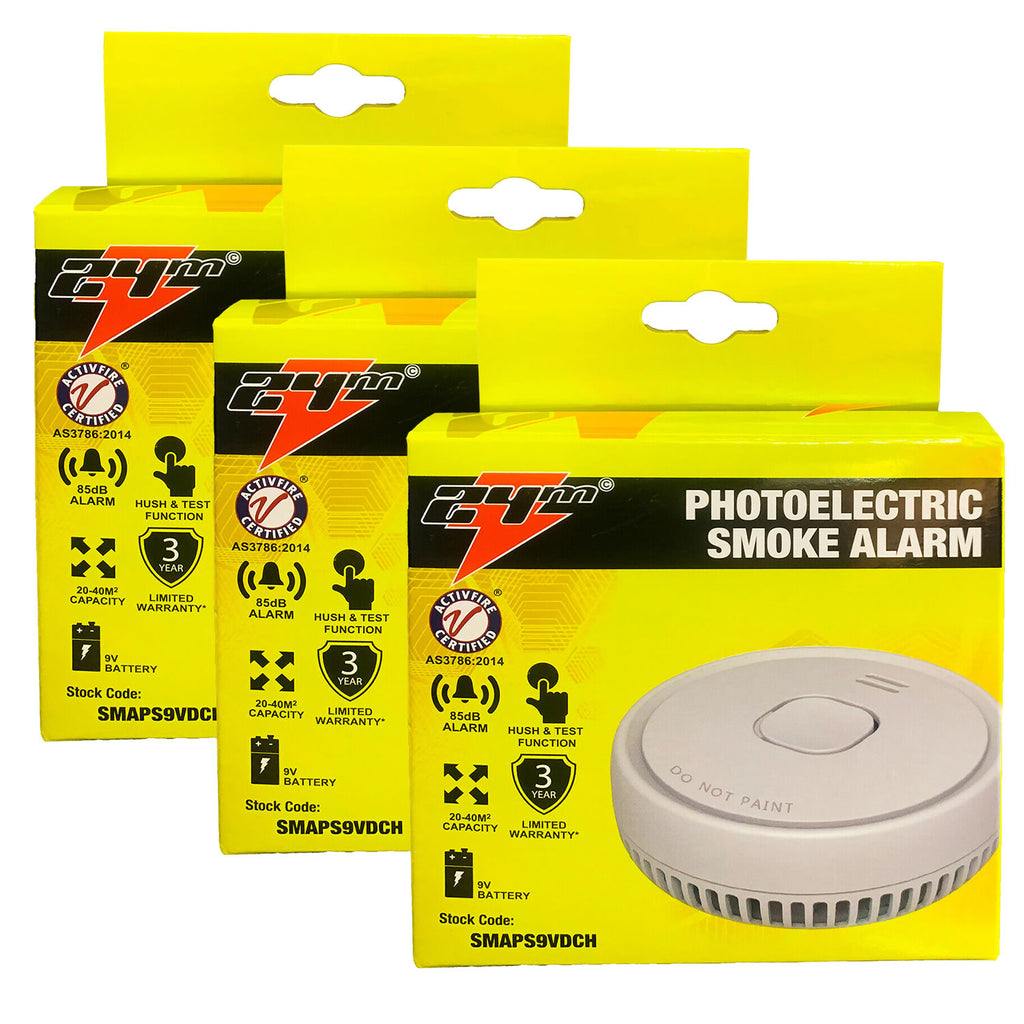 3PCs Smoke Alarm Fire Detector Photoelectric w/ 9V Battery 24m Australian Standard