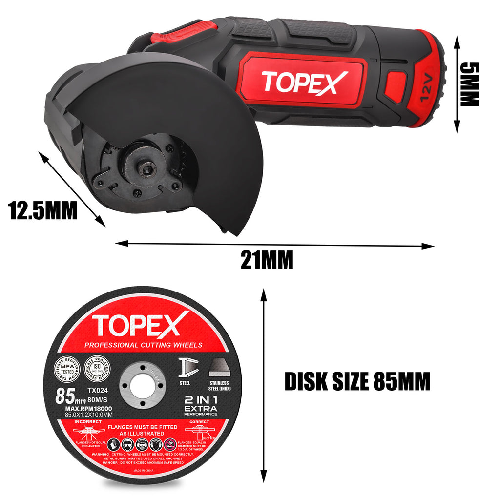 TOPEX 12V Cordless Angle Grinder 1 Wrench for Metal and Wood w/12V 2.0Ah Lithium-Ion Battery&14.4V /0.4A charger
