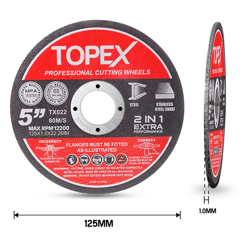 TOPEX 50-Piece 125mm 5" Professional Cutting Wheels Discs 2 in 1 Steel Inox Ultra Thin