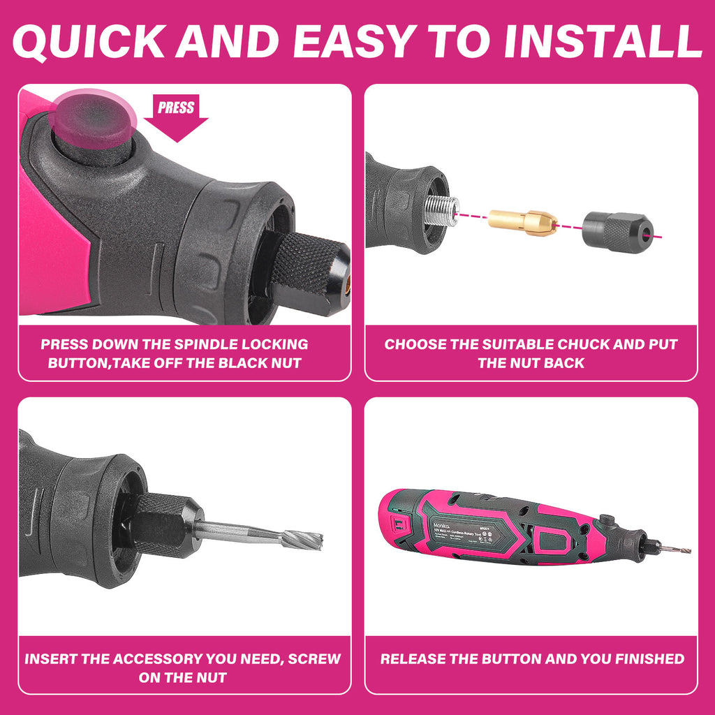 Monika 12V Cordless Rotary Tool Pink Variable Speed Engraver Grinder Multi Accessories