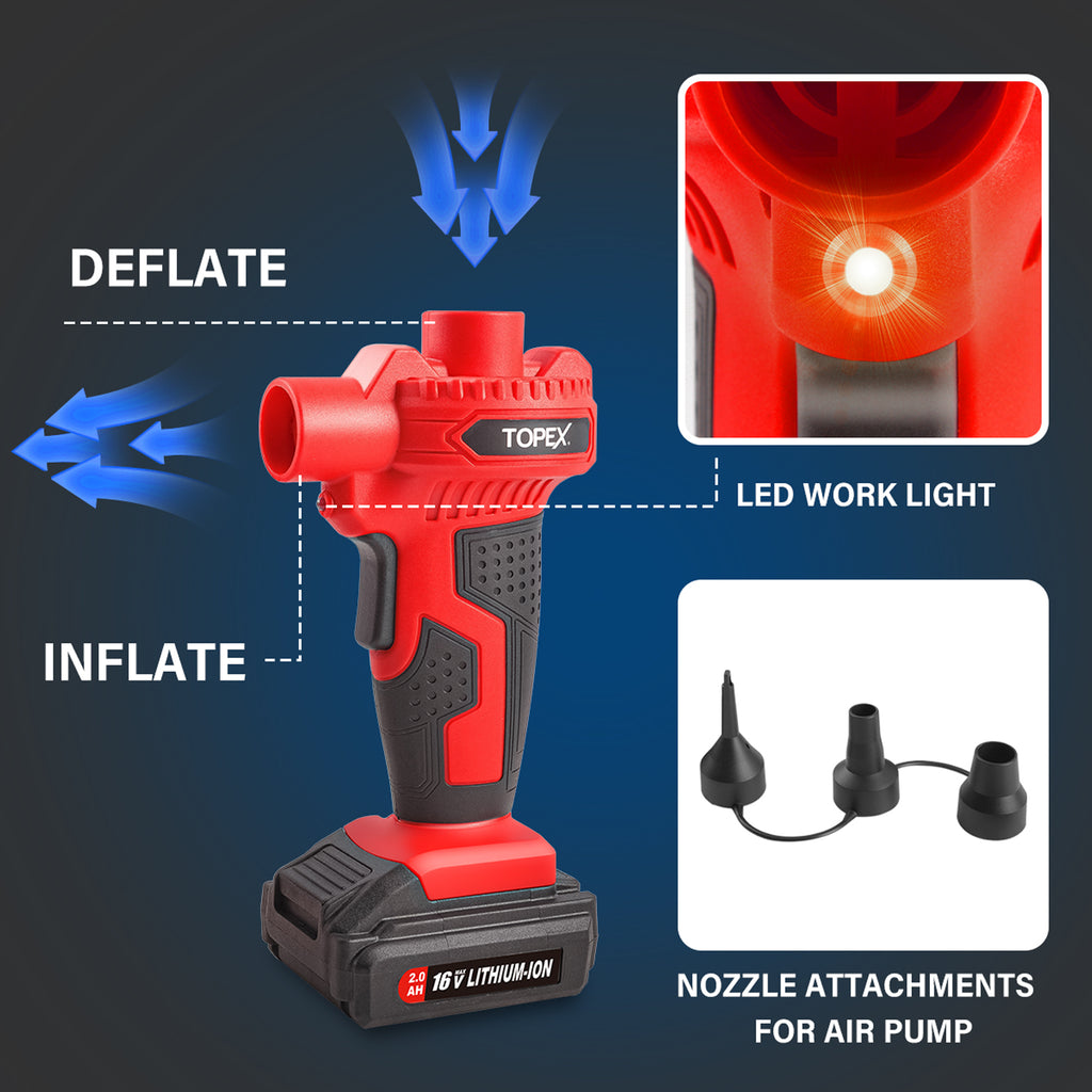 TOPEX 2IN1 Cordless High Volume & Pressure Inflator Deflator, Air Compressor Pump, Suitable for Tyres, Air Mattresses, Sports Equipments