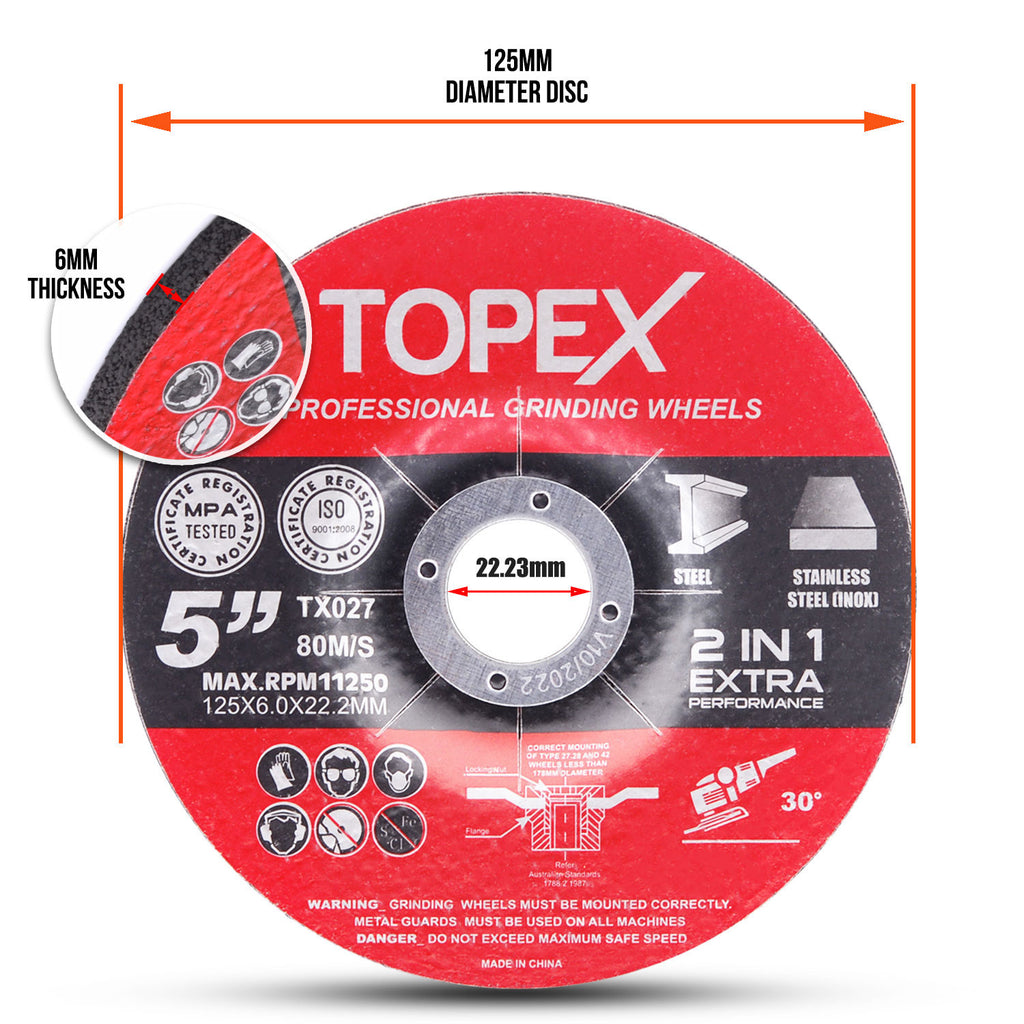 TOPEX 25PCS 125x 6.0x 22.23mm Grinding Discs Wheels Steel Inox Angle Grinder