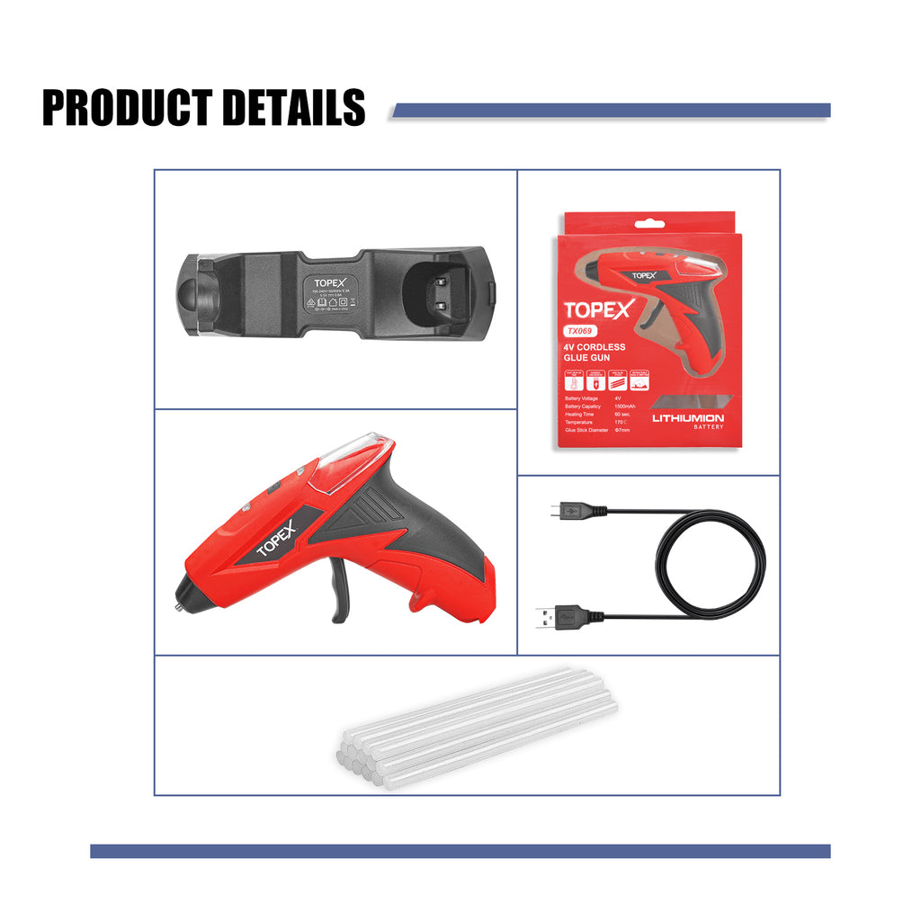TOPEX 4V Cordless Hot Glue Gun w/ 15Pcs Premium Glue Sticks