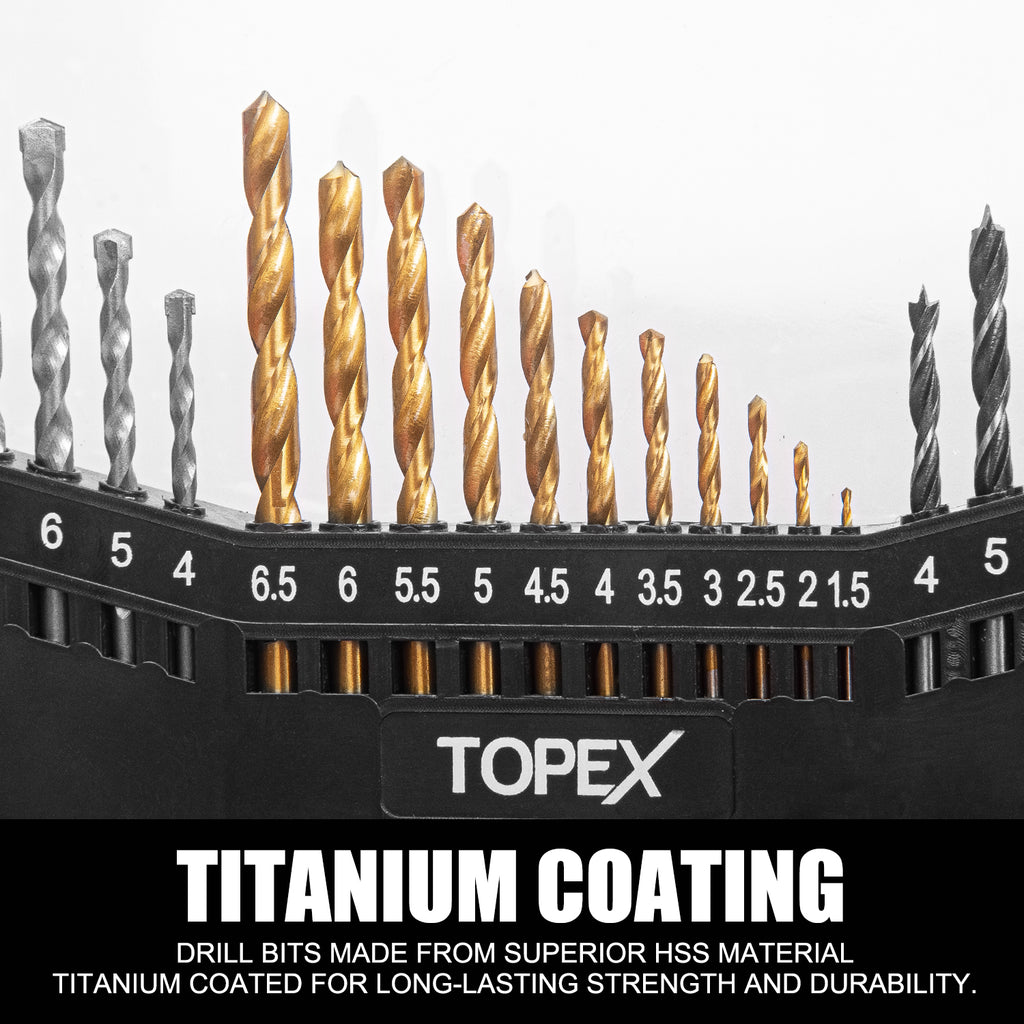TOPEX 128 Piece Drill Bit Set HSS Titanium Drill & Screwdriver Bit Set with Case