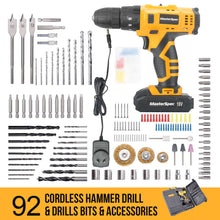 Load image into Gallery viewer, MasterSpec 92 PC Cordless Hammer Drill 18V Power Tool Kit Screw Flap Bits